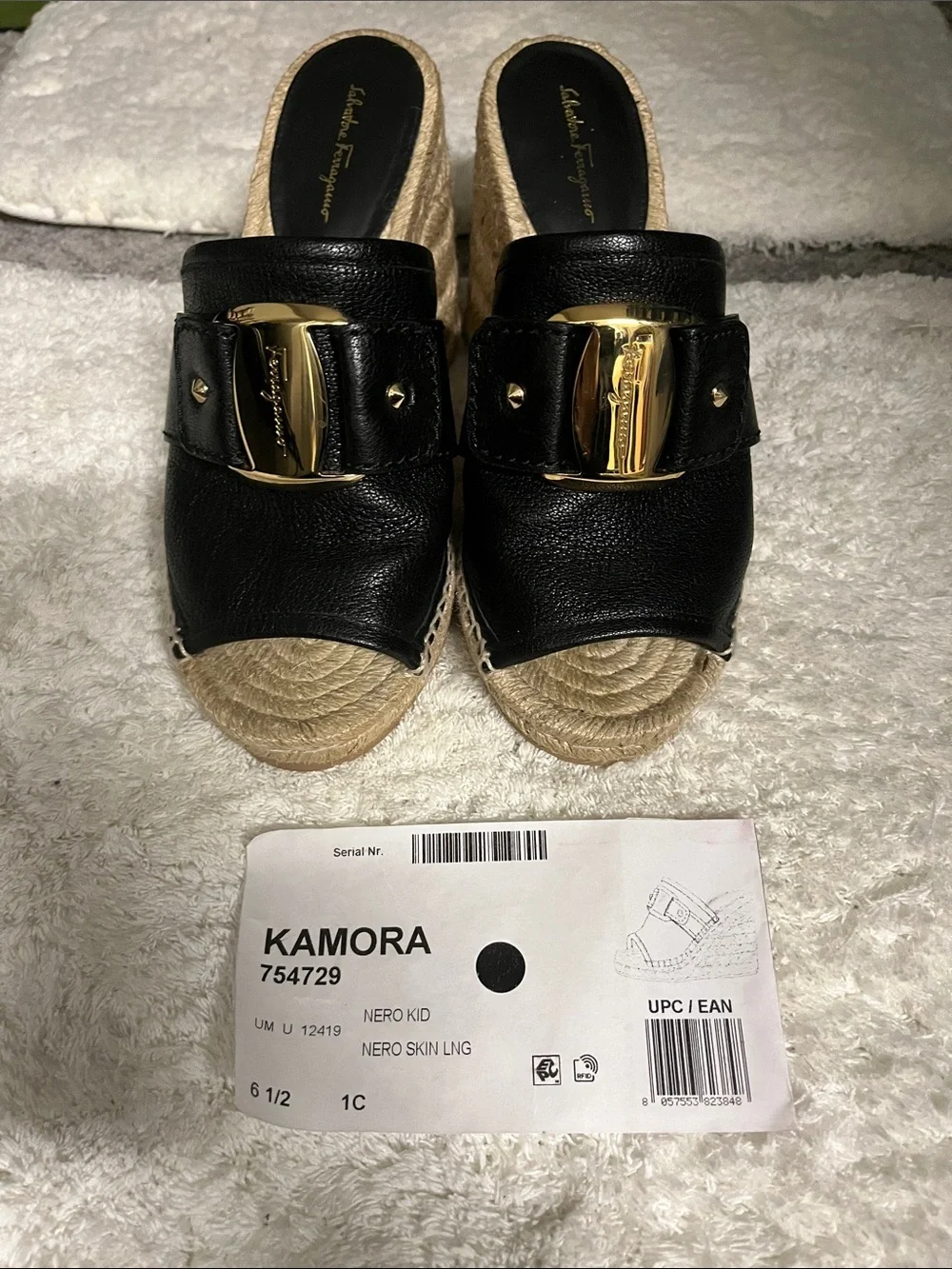 Salvatore Ferragamo Black Leather Espadrille Wedge Slides with Gold Plaque